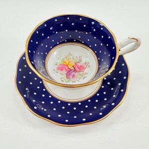 RARE 1930s ROYAL ALBERT TEACUP CUP & SAUCER, COBALT BLUE POLKA JEWELED WHITE DOT